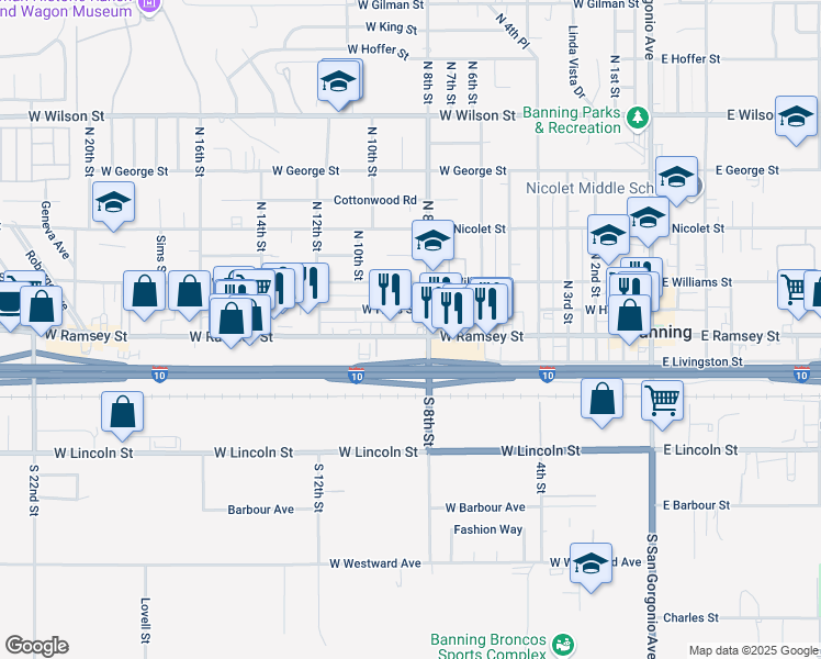 map of restaurants, bars, coffee shops, grocery stores, and more near 887 West Ramsey Street in Banning