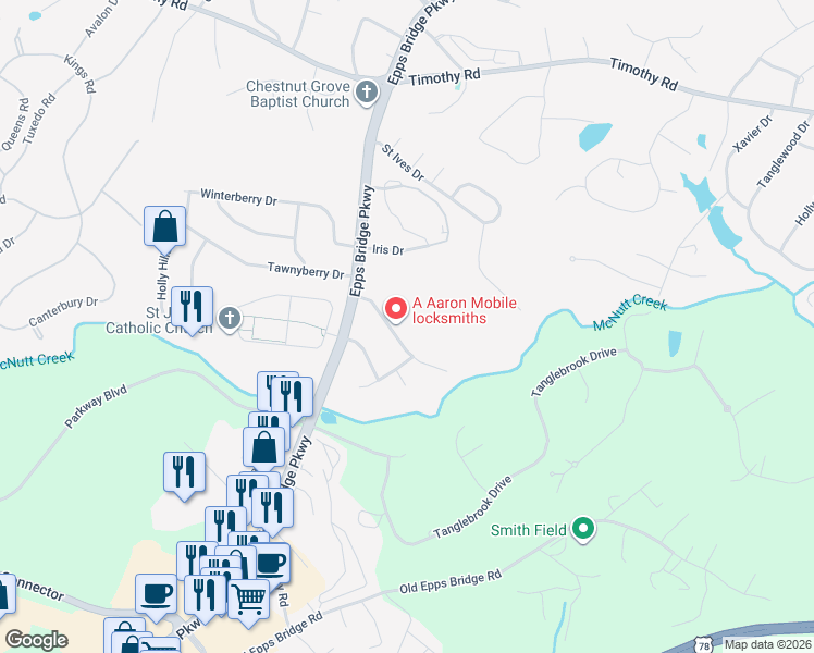 map of restaurants, bars, coffee shops, grocery stores, and more near 205 Ridgeview Drive in Athens