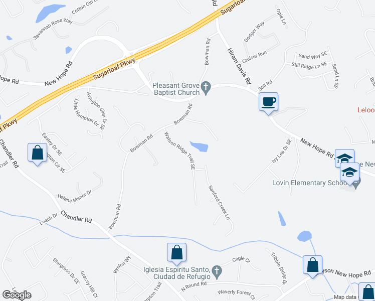 map of restaurants, bars, coffee shops, grocery stores, and more near 1480 Watson Ridge Trail in Lawrenceville