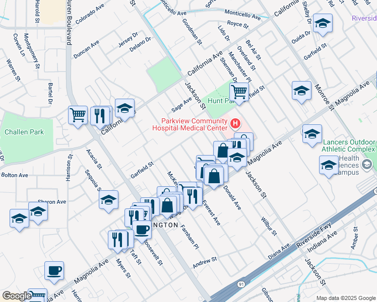 map of restaurants, bars, coffee shops, grocery stores, and more near 3967 Stotts Street in Riverside