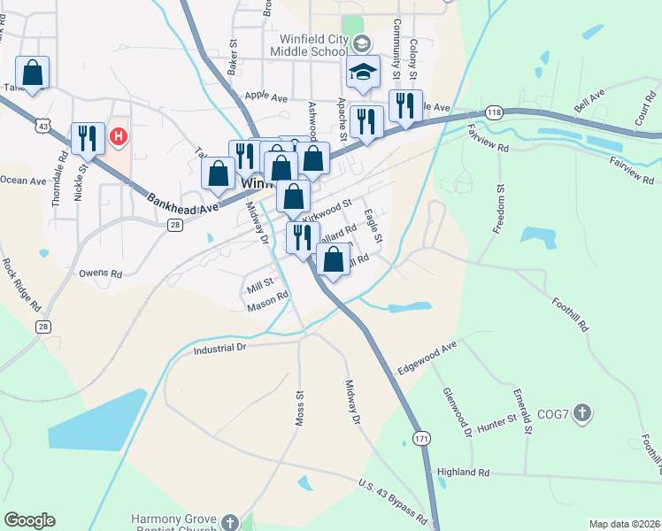 map of restaurants, bars, coffee shops, grocery stores, and more near 734 U.S. 43 in Winfield
