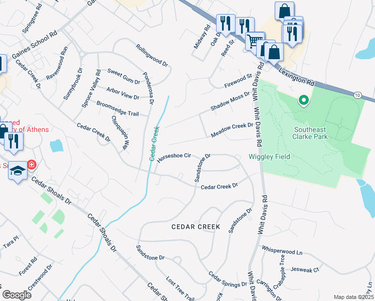 map of restaurants, bars, coffee shops, grocery stores, and more near 175 Horseshoe Circle in Athens