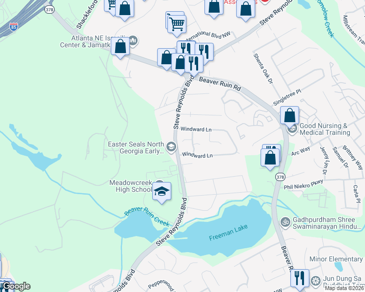 map of restaurants, bars, coffee shops, grocery stores, and more near 4151 Wind Court in Norcross
