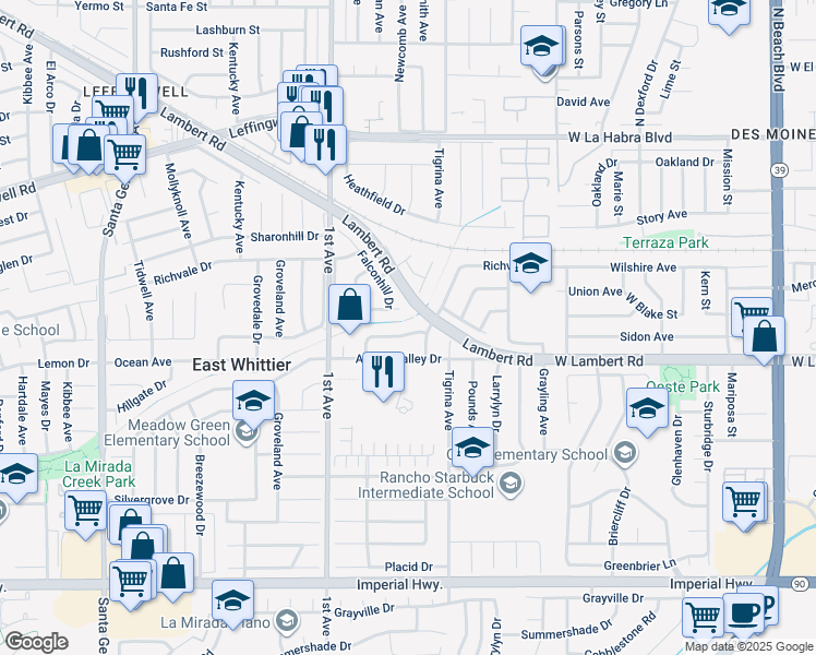 map of restaurants, bars, coffee shops, grocery stores, and more near 16321 Sugargrove Drive in Whittier