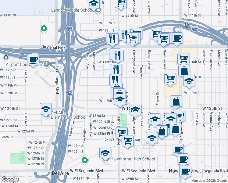 map of restaurants, bars, coffee shops, grocery stores, and more near 4817 West 119th Street in Hawthorne