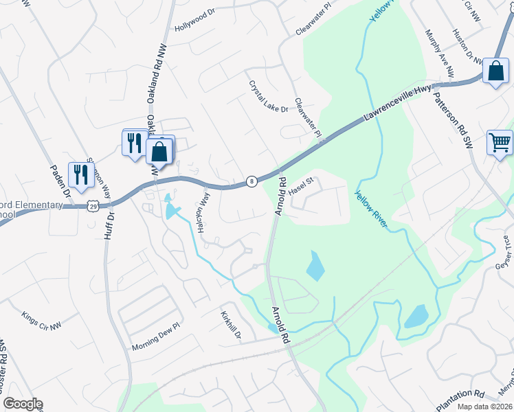 map of restaurants, bars, coffee shops, grocery stores, and more near 121 Agua Avenue in Lawrenceville
