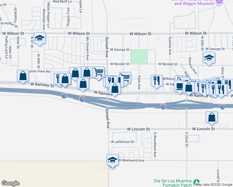 map of restaurants, bars, coffee shops, grocery stores, and more near 0 West Ramsey Street in Banning