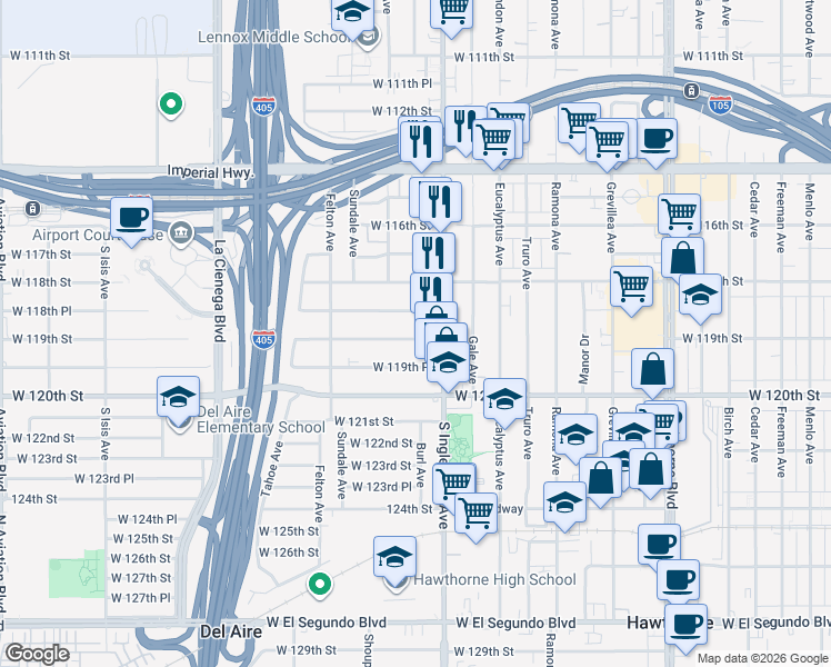 map of restaurants, bars, coffee shops, grocery stores, and more near 4829 West 119th Street in Hawthorne