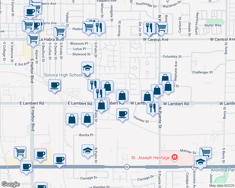 map of restaurants, bars, coffee shops, grocery stores, and more near 2240 Lake Glen Drive in La Habra
