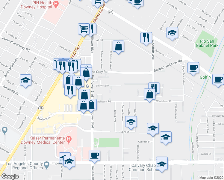 map of restaurants, bars, coffee shops, grocery stores, and more near 9316 Elm Vista Drive in Downey
