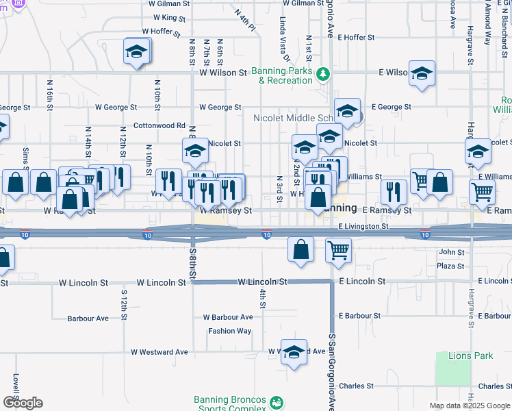 map of restaurants, bars, coffee shops, grocery stores, and more near 437 West Ramsey Street in Banning