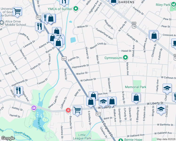 map of restaurants, bars, coffee shops, grocery stores, and more near 101 Wactor St in Sumter