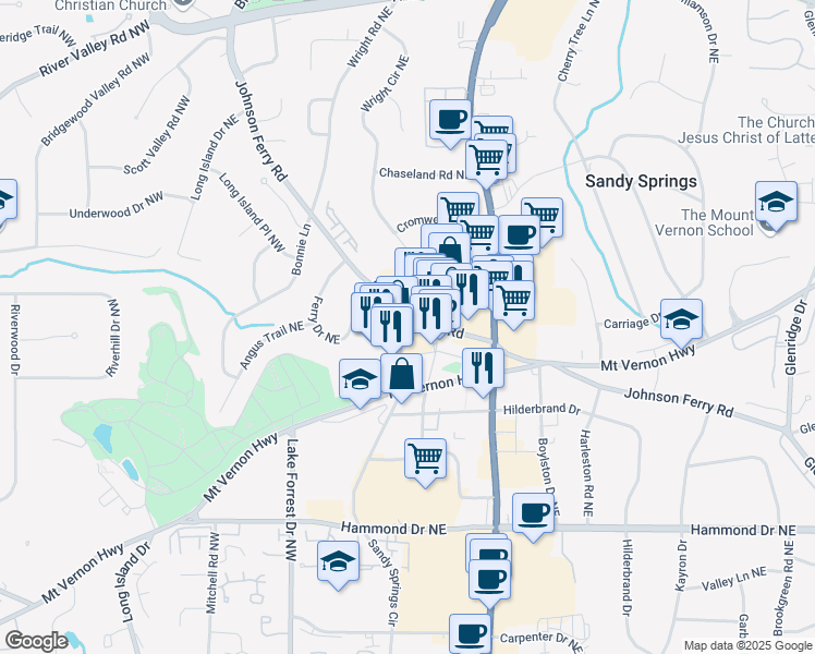 map of restaurants, bars, coffee shops, grocery stores, and more near 225 Sandy Springs Circle in Sandy Springs