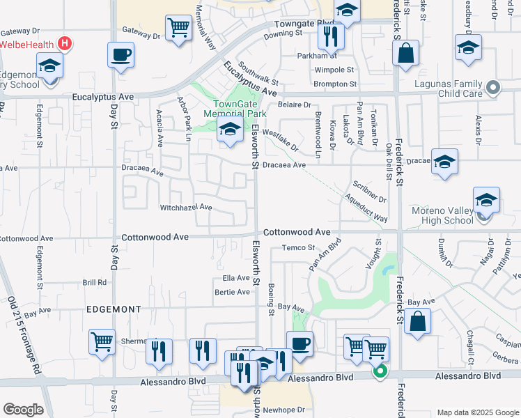map of restaurants, bars, coffee shops, grocery stores, and more near 101 Elsworth Street in Moreno Valley