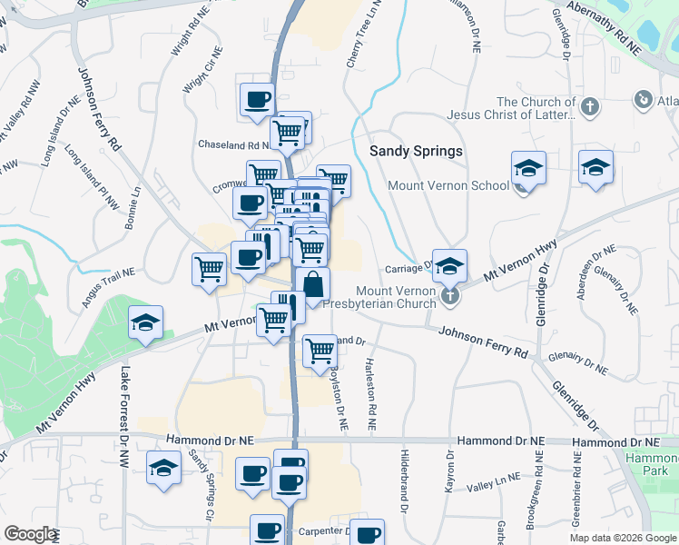 map of restaurants, bars, coffee shops, grocery stores, and more near 300 Johnson Ferry Road in Atlanta
