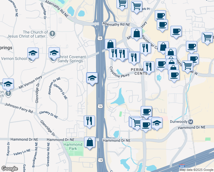 map of restaurants, bars, coffee shops, grocery stores, and more near 46 Dunwoody Springs Drive in Sandy Springs