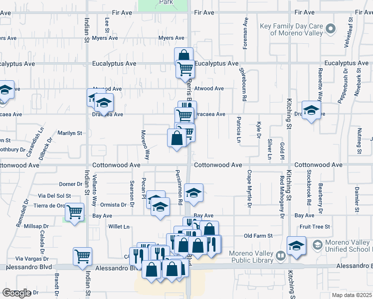 map of restaurants, bars, coffee shops, grocery stores, and more near 13373 Perris Boulevard in Moreno Valley
