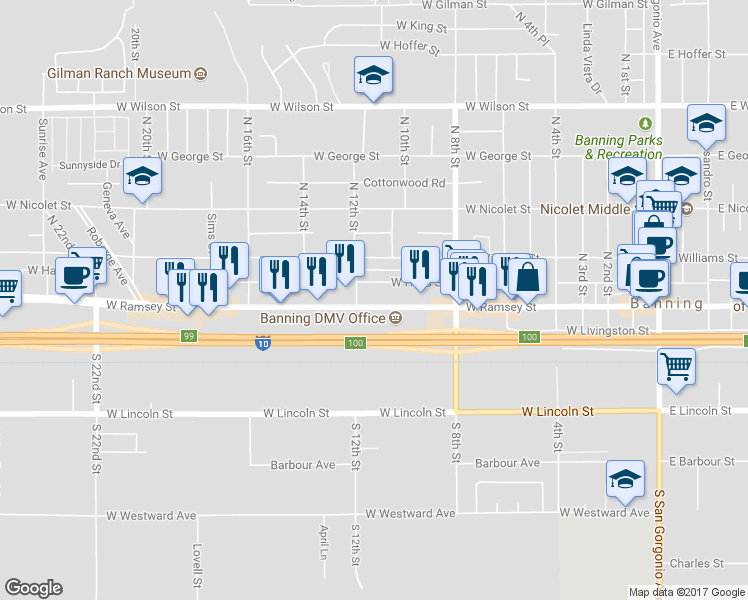 map of restaurants, bars, coffee shops, grocery stores, and more near 1125 West Ramsey Street in Banning
