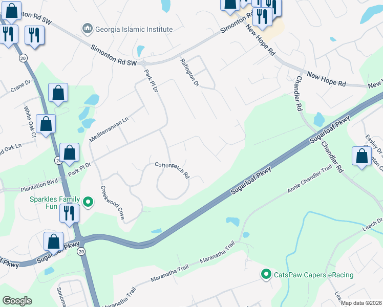map of restaurants, bars, coffee shops, grocery stores, and more near 1101 Crabapple Cove in Lawrenceville