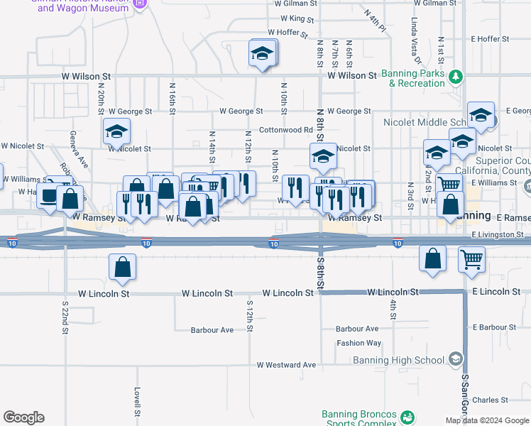 map of restaurants, bars, coffee shops, grocery stores, and more near 1115 West Ramsey Street in Banning