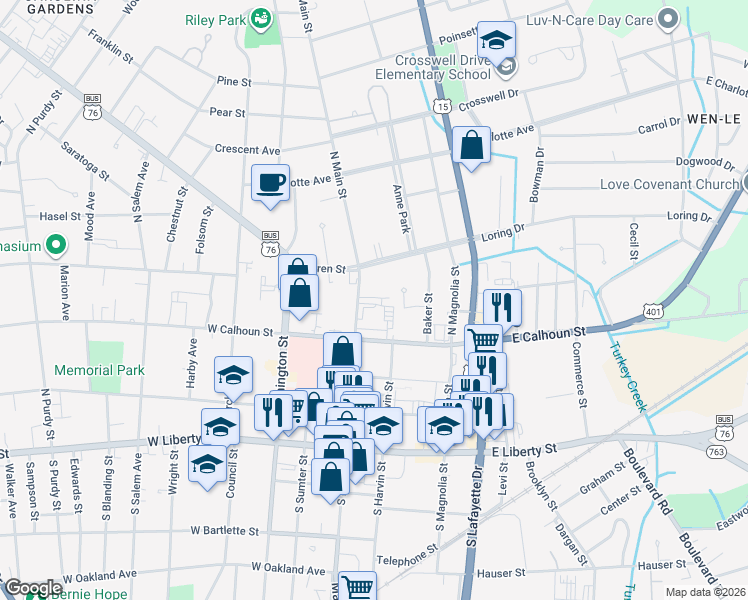map of restaurants, bars, coffee shops, grocery stores, and more near 319 North Main Street in Sumter