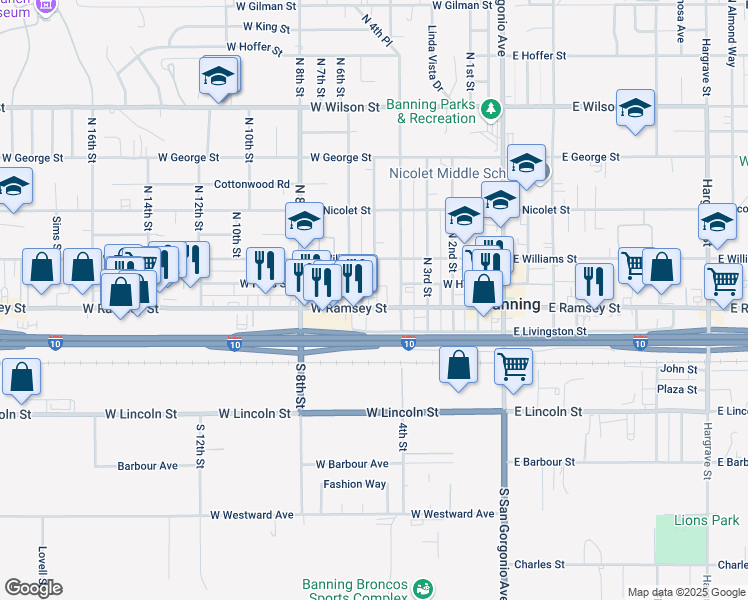 map of restaurants, bars, coffee shops, grocery stores, and more near 571 West Ramsey Street in Banning