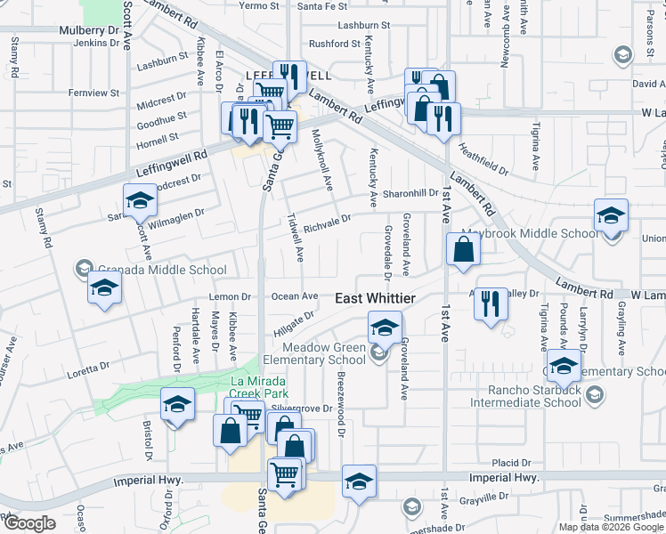 map of restaurants, bars, coffee shops, grocery stores, and more near 11747 Mollyknoll Avenue in Whittier