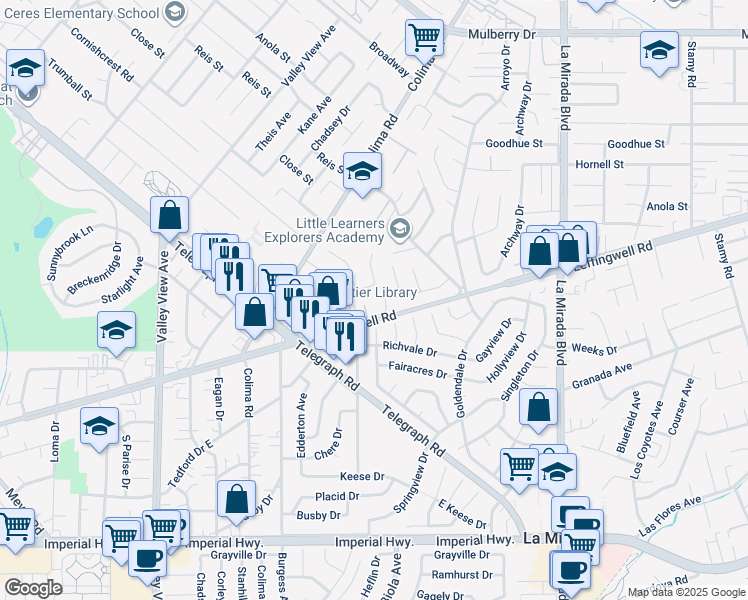 map of restaurants, bars, coffee shops, grocery stores, and more near 14631 Leffingwell Road in Whittier