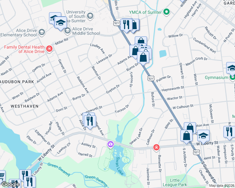 map of restaurants, bars, coffee shops, grocery stores, and more near 106 Gleaton Street in Sumter