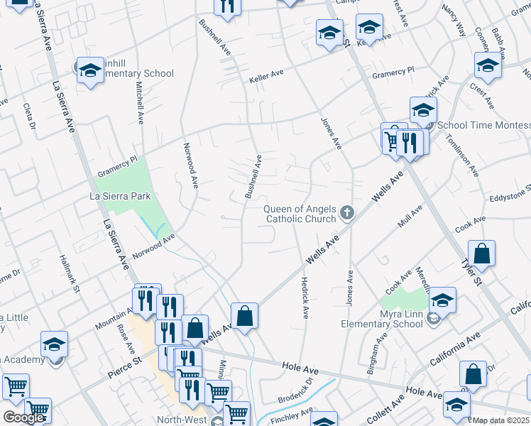 map of restaurants, bars, coffee shops, grocery stores, and more near 5071 Bushnell Avenue in Riverside