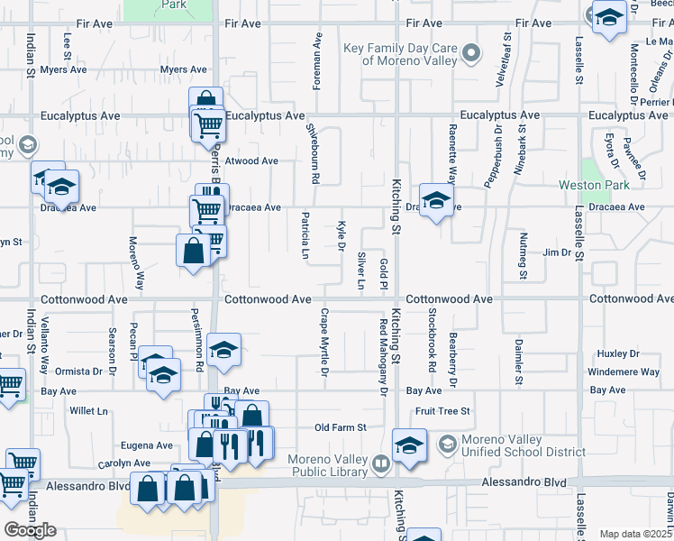 map of restaurants, bars, coffee shops, grocery stores, and more near 25323 Drake Drive in Moreno Valley