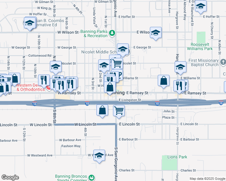 map of restaurants, bars, coffee shops, grocery stores, and more near in Banning