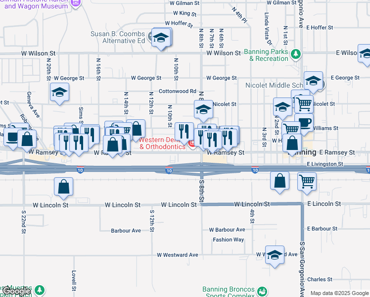 map of restaurants, bars, coffee shops, grocery stores, and more near 933 West Ramsey Street in Banning