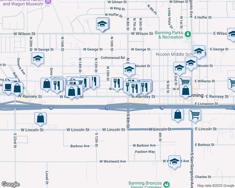 map of restaurants, bars, coffee shops, grocery stores, and more near 991 West Ramsey Street in Banning