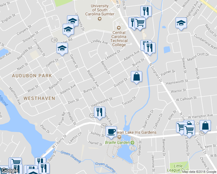 map of restaurants, bars, coffee shops, grocery stores, and more near 211 Guyton Drive in Sumter
