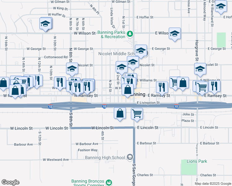 map of restaurants, bars, coffee shops, grocery stores, and more near 166A West Ramsey Street in Banning