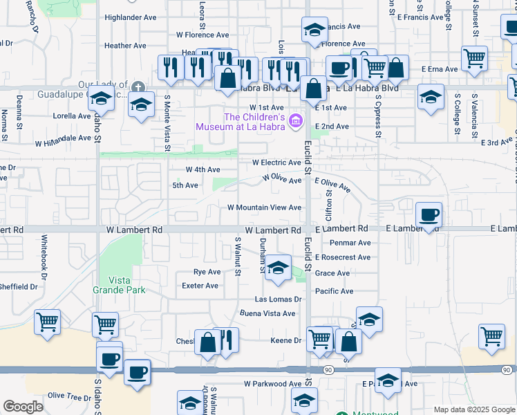 map of restaurants, bars, coffee shops, grocery stores, and more near 326 West Mountain View Avenue in La Habra