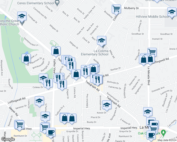 map of restaurants, bars, coffee shops, grocery stores, and more near 14515 Leffingwell Road in Whittier