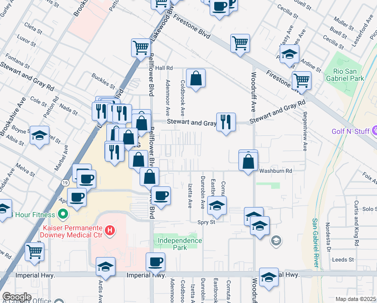 map of restaurants, bars, coffee shops, grocery stores, and more near 9332 Elm Vista Drive in Downey