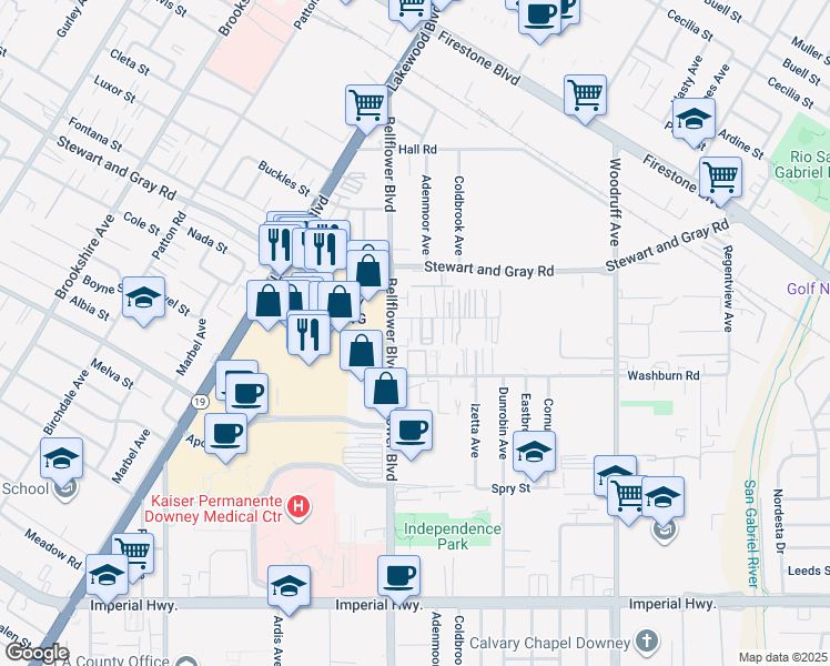 map of restaurants, bars, coffee shops, grocery stores, and more near 12024 Bellflower Boulevard in Downey