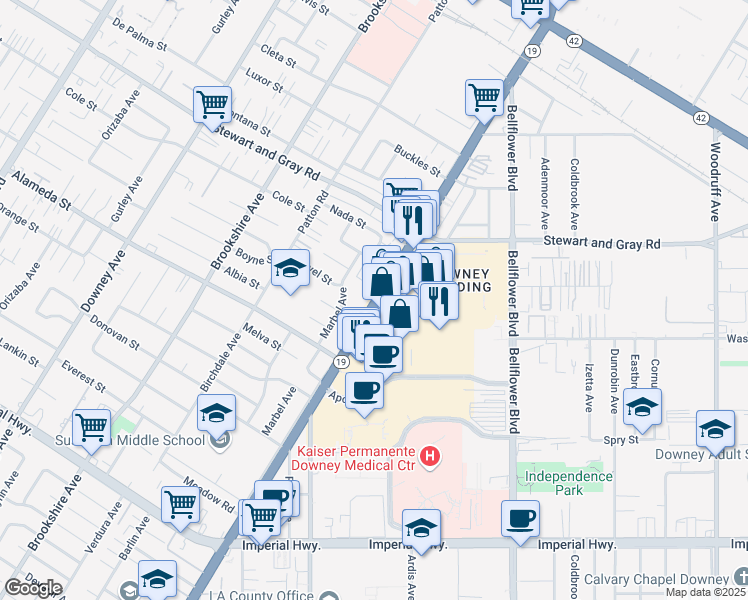 map of restaurants, bars, coffee shops, grocery stores, and more near 12140 Lakewood Boulevard in Downey