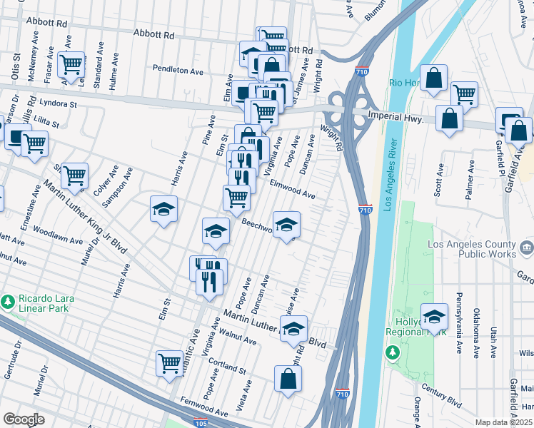 map of restaurants, bars, coffee shops, grocery stores, and more near 11162 Pope Avenue in Lynwood