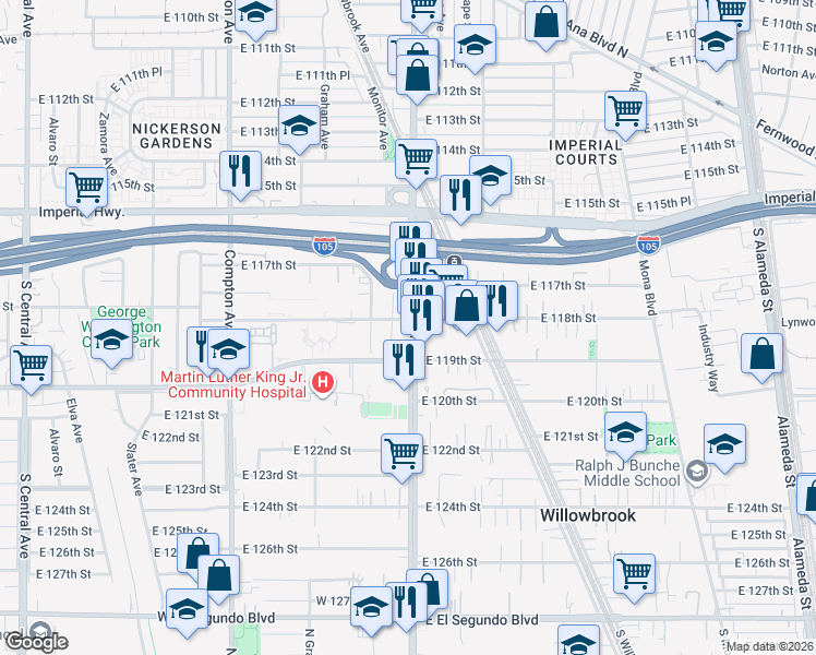 map of restaurants, bars, coffee shops, grocery stores, and more near 11814 Wilmington Avenue in Los Angeles