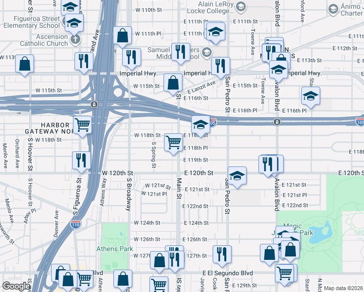 map of restaurants, bars, coffee shops, grocery stores, and more near 11848 South Main Street in Los Angeles