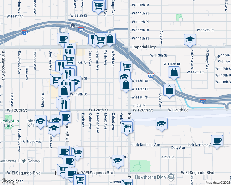 map of restaurants, bars, coffee shops, grocery stores, and more near 11901 York Avenue in Hawthorne