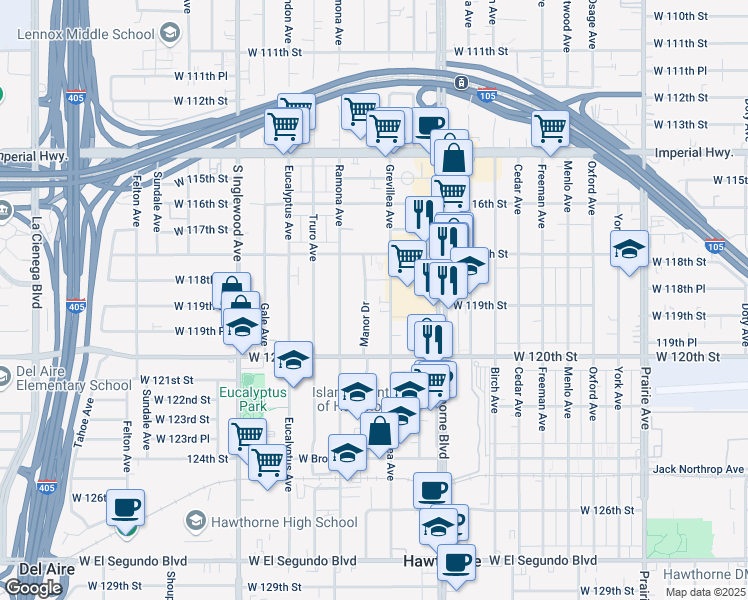 map of restaurants, bars, coffee shops, grocery stores, and more near 11895 Manor Drive in Hawthorne