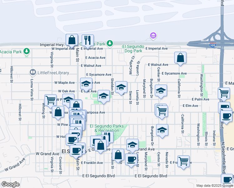 map of restaurants, bars, coffee shops, grocery stores, and more near 591 East Palm Avenue in El Segundo