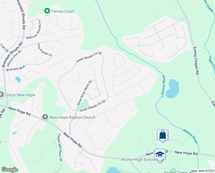 map of restaurants, bars, coffee shops, grocery stores, and more near 1443 Great Shoals Circle Southeast in Lawrenceville