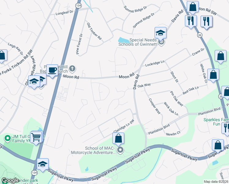 map of restaurants, bars, coffee shops, grocery stores, and more near 704 Fernstone Trail in Lawrenceville