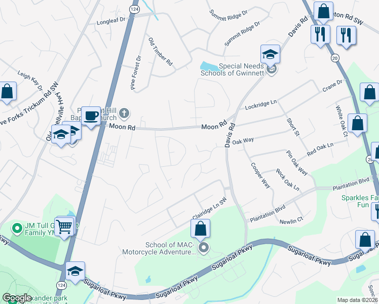 map of restaurants, bars, coffee shops, grocery stores, and more near 704 Fernstone Trail in Lawrenceville